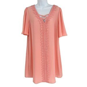 Sequin Hearts Coral Pink Floral Lace V-Neck Short Sleeve Tunic Dress Large
